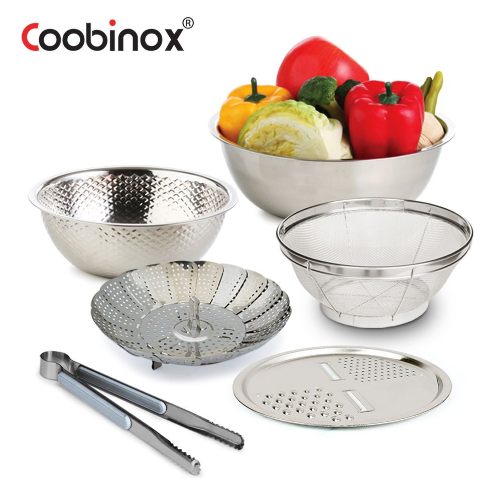 Coobinox® 6-Piece Master Kitchen Prep Set (CO-1146) - Mixing Bowl, Rice Washer, Strainer, Steamer, Grater & Tongs